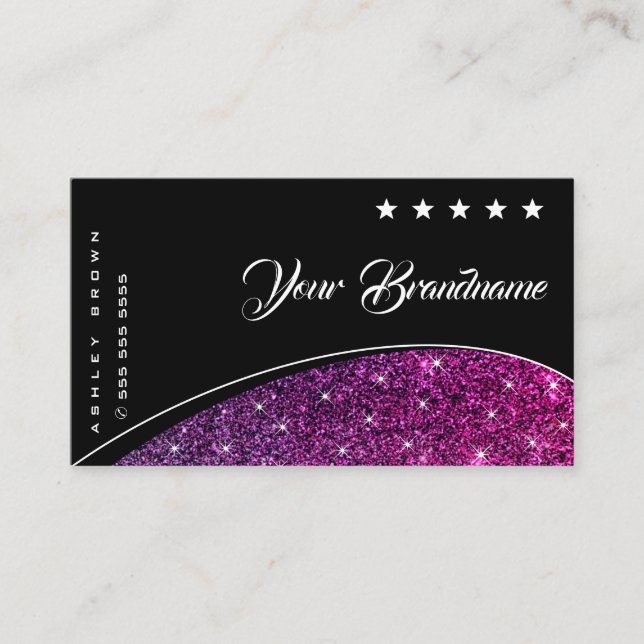 Eye Catching Purple Glitter Stars on Elegant Black Business Card (Front)