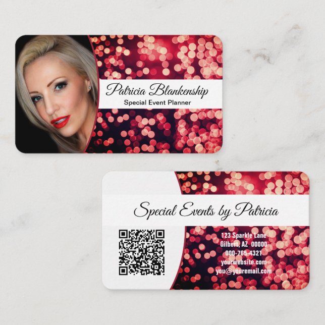 Eye-Catching Red Bokeh Custom Photo & QR Code  Business Card (Front/Back)