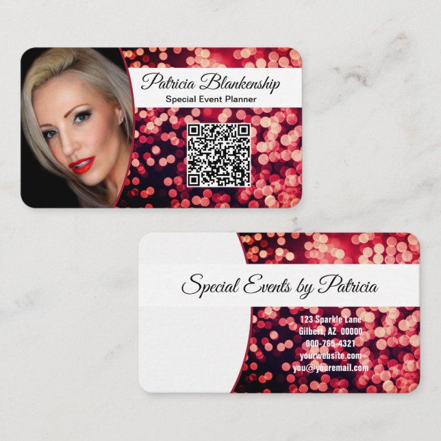 Eye-Catching Red Bokeh Custom Photo & QR Code  Business Card (Front/Back)