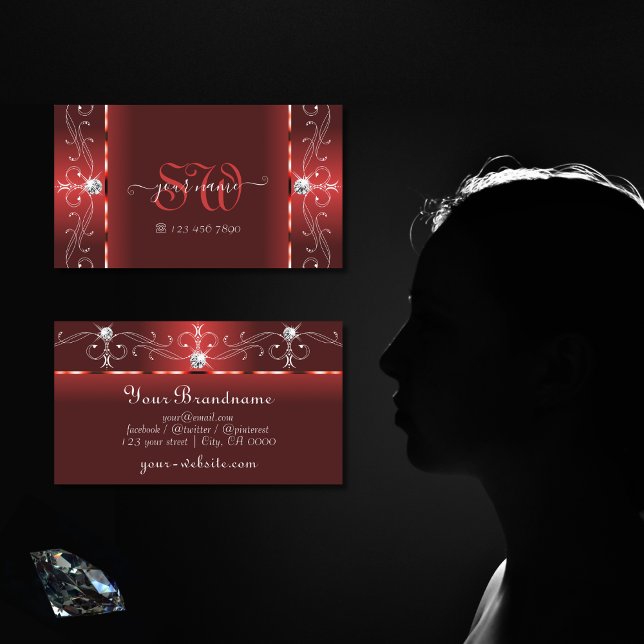 Eye Catching Rubby Red Squiggled Jewels Monogram Business Card (Creator Uploaded)