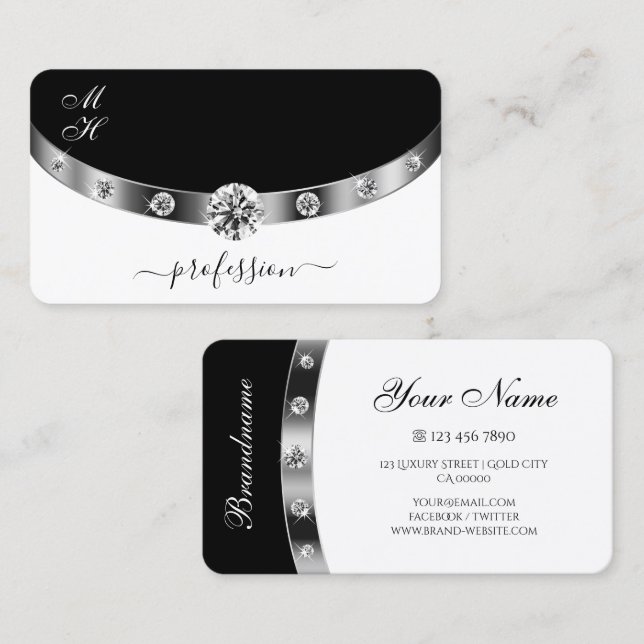 Eye Catching Silver Black and White with Diamonds Business Card (Front/Back)