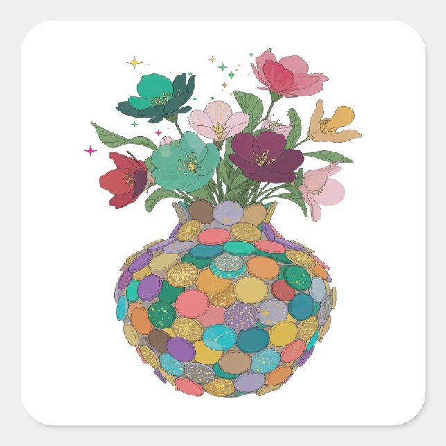 Eye-Catching Silver FLOWERS IN Vinyl Style Square Sticker (Front)