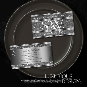 Eye Catching Silver Glitter Sparkle Stars Monogram Business Card
