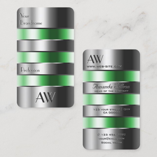 Eye Catching Silver Green Can Look with Initials Business Card (Front/Back)