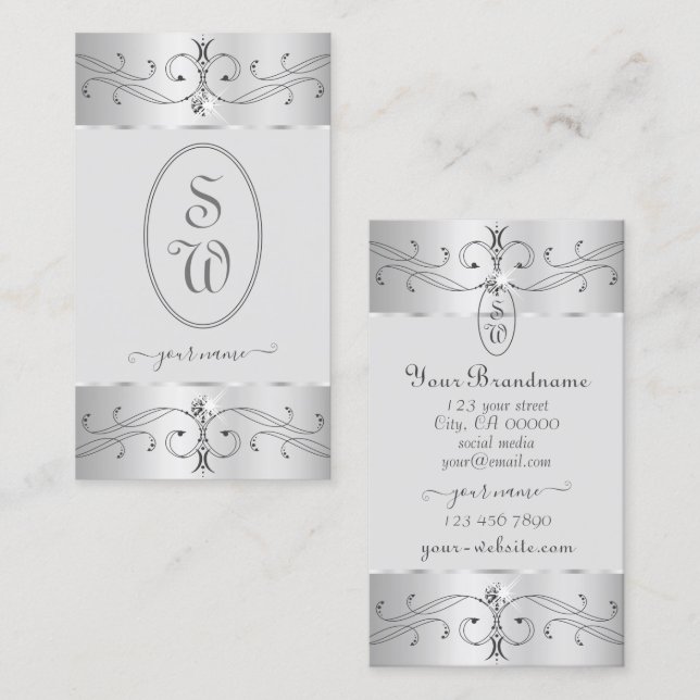 Eye Catching Silver Grey Ornate Ornaments Monogram Business Card (Front/Back)