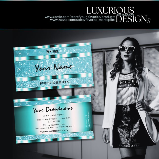 Eye Catching Teal Glitter Luminous Sparkle Stars Business Card (Creator Uploaded)