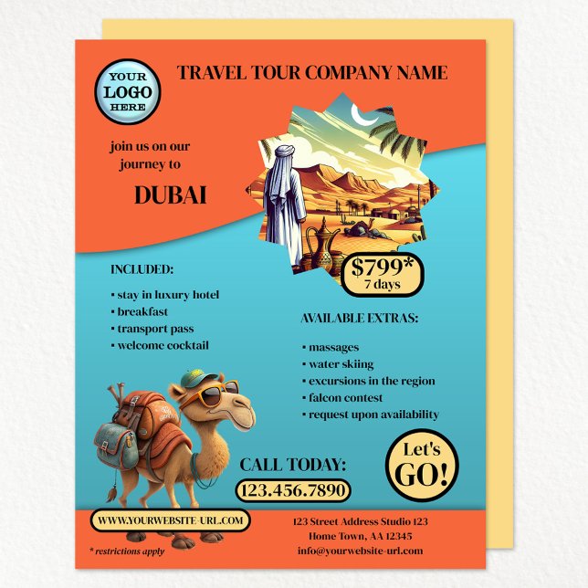 Eye Catching Travel Template Flyer (A versatile colorful travel agency flyer with your logo, custom photo and optional camel - Dubai)