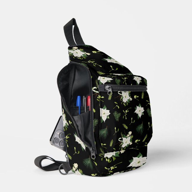 Eye-Catching White Green Floral Pattern on Black Sling Bag (Open)