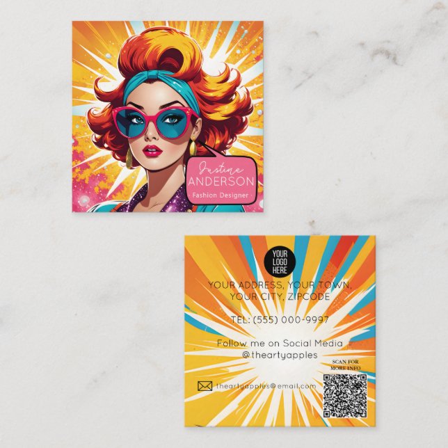 eye lash salon Retro Pop Art Lady woman Wow Square Business Card (Front/Back)