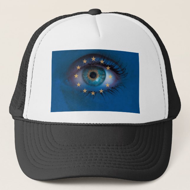 Eye looks through Europe flag background concept Trucker Hat (Front)