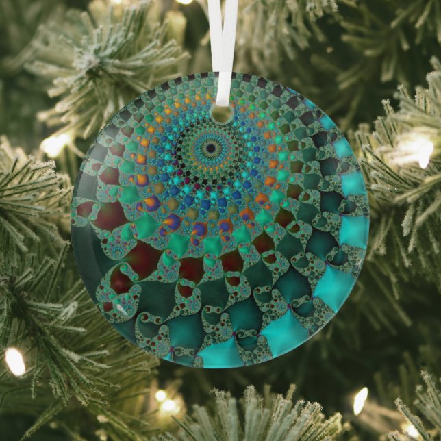 Eye of Chameleon Teal Abstract Fractal Mandala Glass Tree Decoration (Insitu)