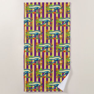Eye of Horus Protection on gold and purple stripes Beach Towel