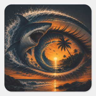 Eye of the Wave – Surreal Shark Ocean Sunset Optic Square Sticker