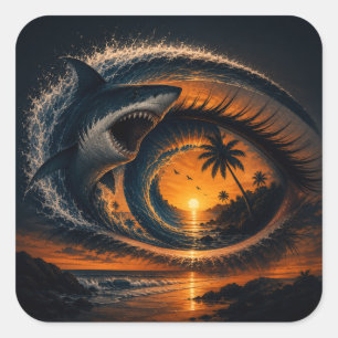 Eye of the Wave – Surreal Shark Sunset Square Sticker