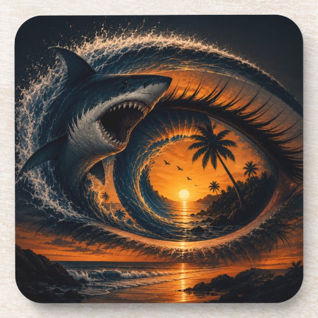 Eye of the Wave – Surreal Shark Sunset Throw Pillo Coaster (Front)