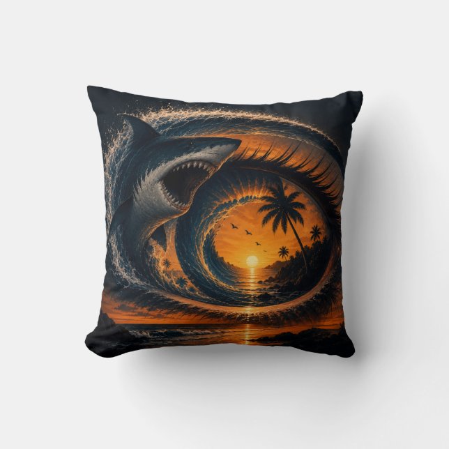 Eye of the Wave – Surreal Shark Sunset Throw Pillo Cushion (Front)