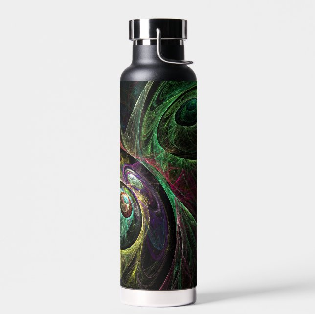 Eye to Eye Modern Fractal Green Gold Abstract Art  Water Bottle (Left)