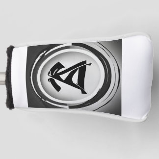 Eye with black karate belt, logo, black and white, golf head cover