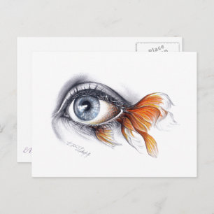 Eye with fish tail Surreal drawing art Postcard