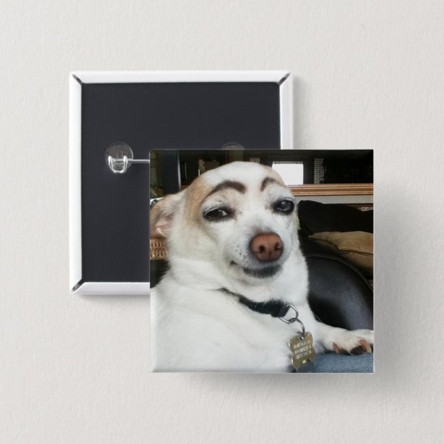 Eyebrow Dog Meme Pin Button (Front & Back)