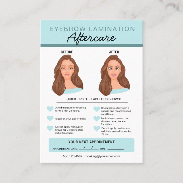 Eyebrow Lamination Aftercare Instructions Business Card (Front)