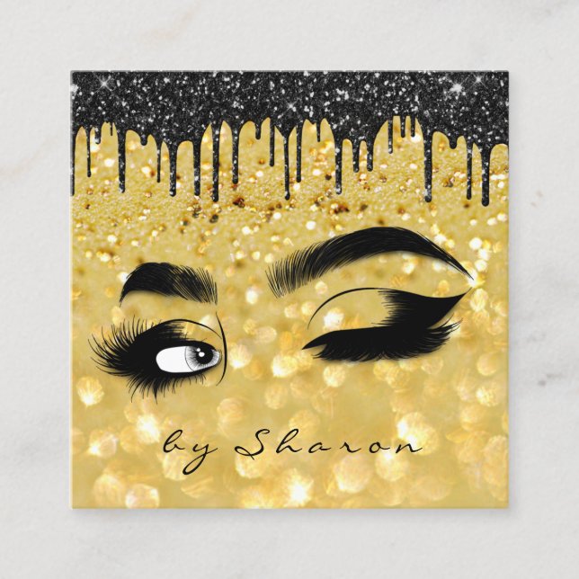 Eyebrow Lash Black Drips 6 Punches  QR Code Gold Square Business Card (Front)