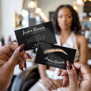 Eyebrow lashes rose gold glitter name glam black business card