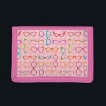Eyeglasses Retro Modern Hipster with Pink Gingham Trifold Wallet<br><div class="desc">This colourful, nerdy eyeglass novelty design wallet has an original pattern made up of spectacles in a variety of shades and styles, all on a background of retro pink gingham. The cool, girly glasses' frames range from 50s and 60s cat eye / horn rimmed and browline shapes to round, square...</div>