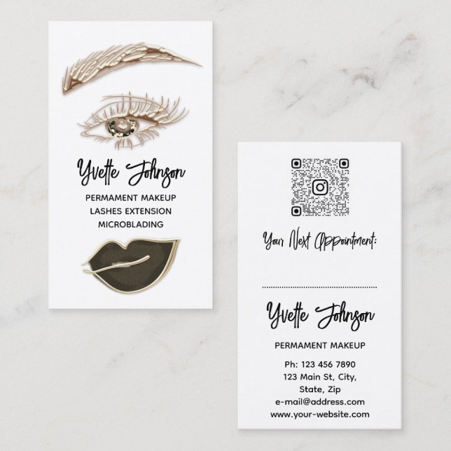 Eyelash Brow Makeup Logo QR Code Lip White Brown  Business Card (Front/Back)