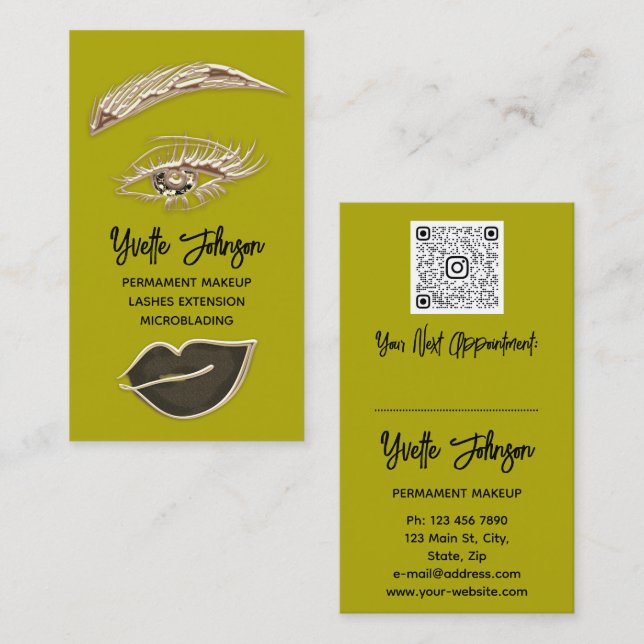  Eyelash Brows Makeup Logo QRCode Lip Gold Mustard Business Card (Front/Back)