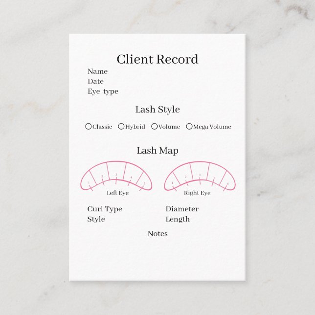 Eyelash extension client Record form Business Card (Front)
