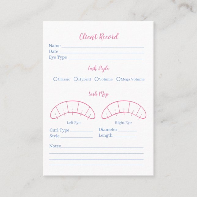 Eyelash extension client Record form, pink, blue Business Card (Front)