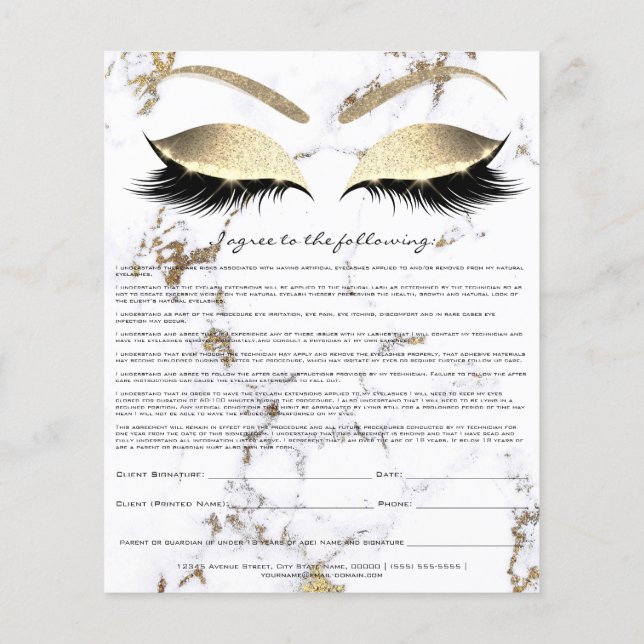 Eyelash Extension Liability Waiver Gold Marble Flyer (Back)