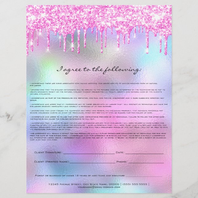Eyelash Extension Liability Waiver Rose Pink Flyer (Back)