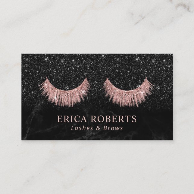 Eyelash Extensions Black Glitter Marble Salon Business Card (Front)