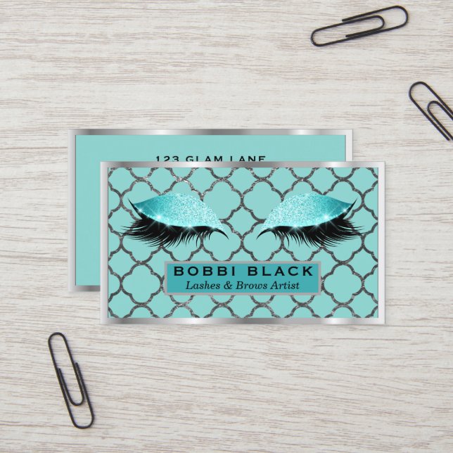 Eyelash Extensions Glitter Makeup Teal Silver Business Card (Front/Back In Situ)