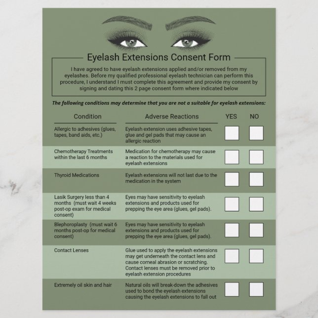Eyelash Extensions Liability Waiver Green Salon Flyer (Front)