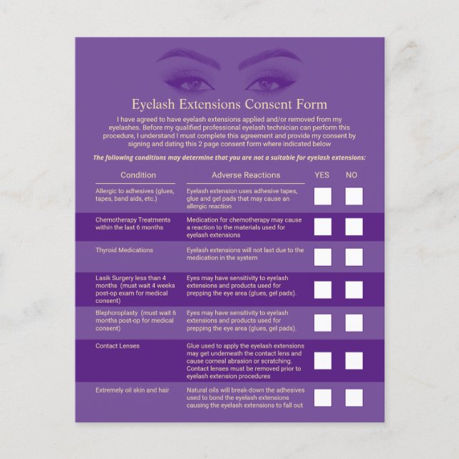 Eyelash Extensions Purple & Gold Liability Waiver Flyer (Front)