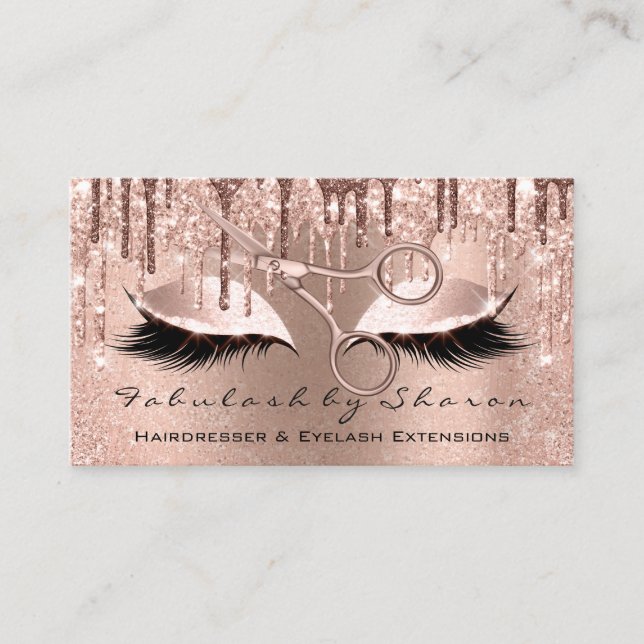 Eyelash Hairdresser Stylist Scissors Rose Glitter Business Card (Front)