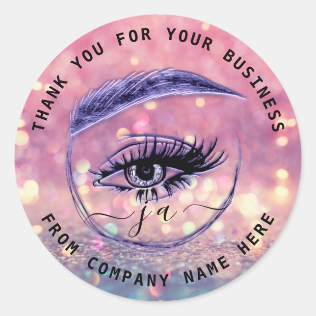 Eyelash Logo Name Holograph Thank Monogram Blue Classic Round Sticker (Front)