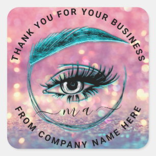 Eyelash Logo NameThank Glitter Holograph Teal Square Sticker
