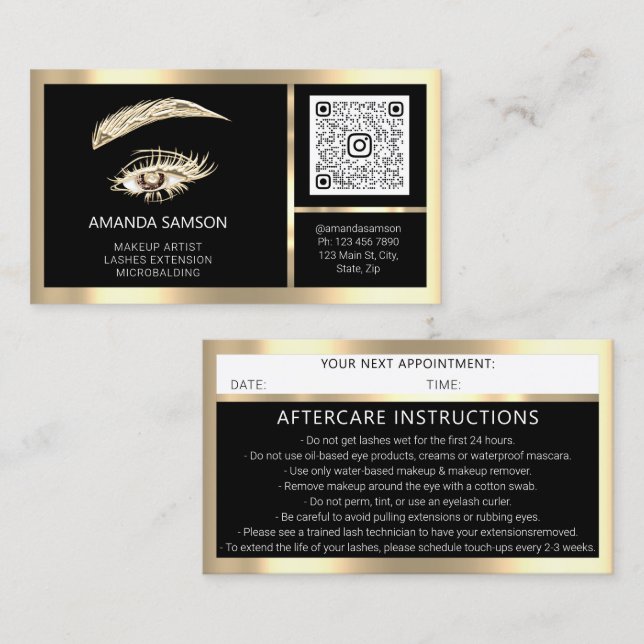 Eyelash Microblade QR CODE Aftercare Black Gold Business Card (Front/Back)