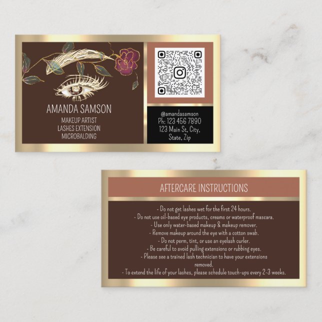 Eyelash Microblade QRCODE Aftercare Brown Rose   Business Card (Front/Back)
