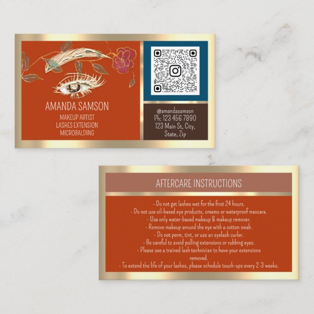 Eyelash Microblade QRCODE Aftercare Brown RoseGold Business Card (Front/Back)