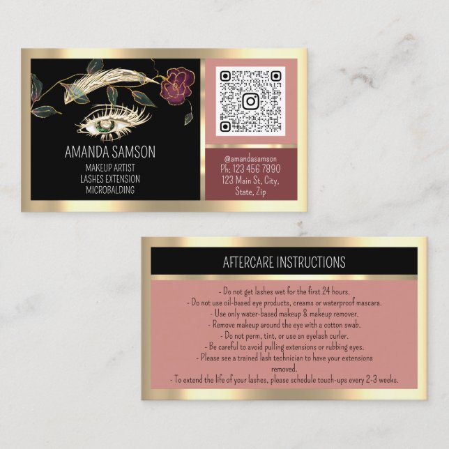 Eyelash Microblade QRCODE Aftercare Rose Black Business Card (Front/Back)