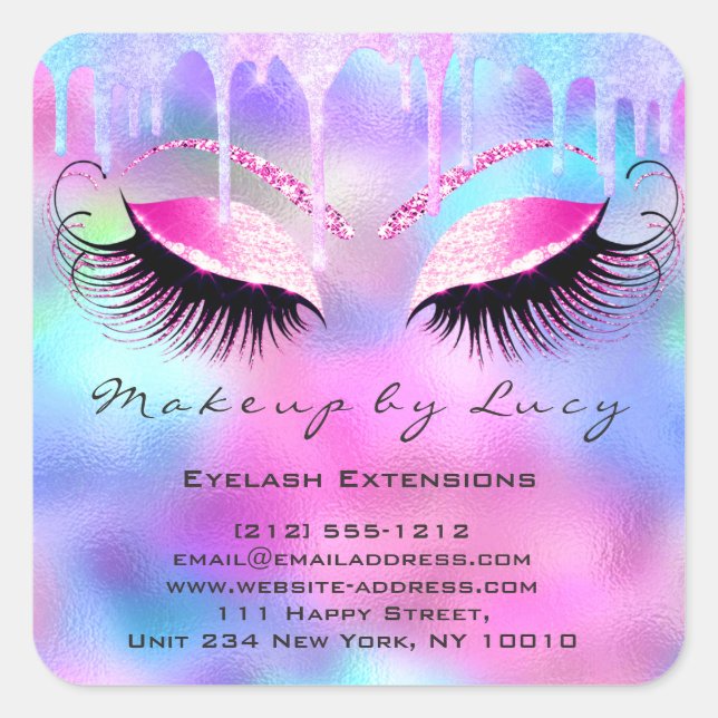 Eyelash Professional Makeup Unicorn Holograph Name Square Sticker (Front)