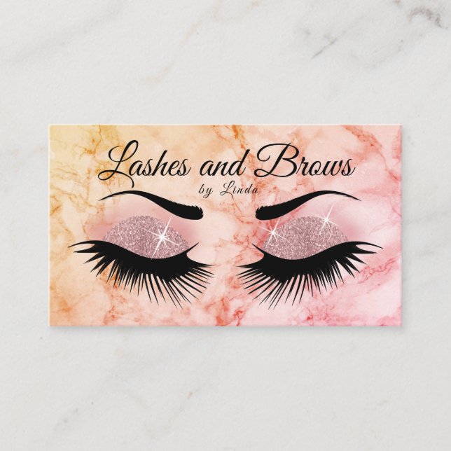 Eyelashes and Brows - Rose Gold Glitter & Marble Business Card (Front)