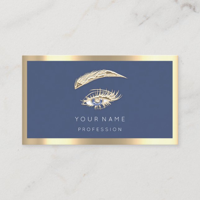 Eyelashes Brow Makeup Logo Qr Code Blue Navy Gold Business Card (Front)