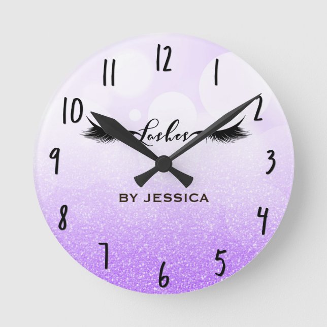 Eyelashes Lashes Purple & Black Glam Personalised Round Clock (Front)