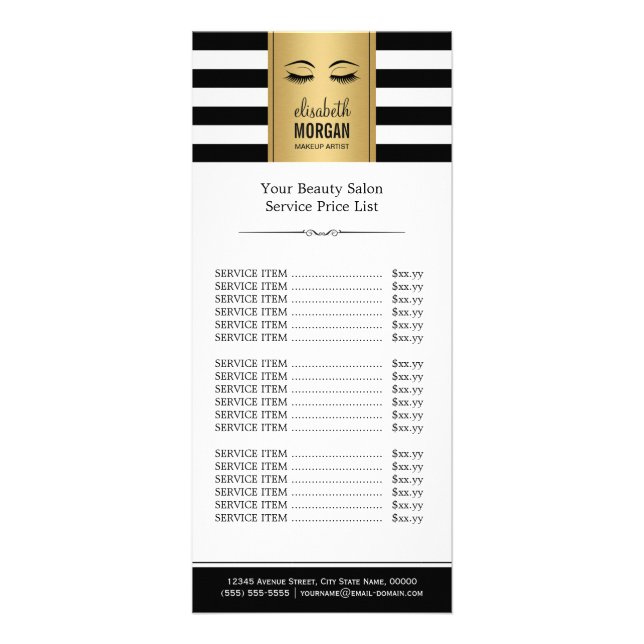 Eyelashes Logo Gold Black White Stripes Price List Rack Card (Front)